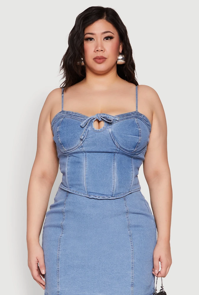 Womens Plus Size Denim Tie Front Bustier Top, Blue, Size 2X