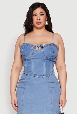 Womens Plus Size Denim Tie Front Bustier Top, Blue, Size 2X