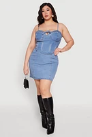 Womens Plus Size Denim Tie Front Bustier Top, Blue, Size 2X