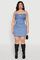 Womens Plus Size Denim Tie Front Bustier Top, Blue, Size 2X