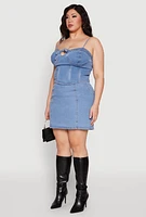 Womens Plus Size Denim Tie Front Bustier Top, Blue, Size 2X