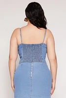 Womens Plus Size Denim Tie Front Bustier Top, Blue, Size 2X