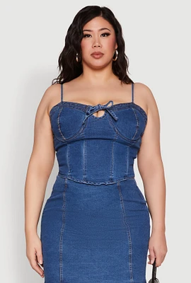 Womens Plus Denim Tie Front Bustier Top, Blue,