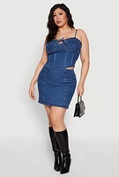 Womens Plus Denim Tie Front Bustier Top, Blue,