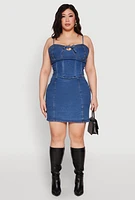 Womens Plus Denim Tie Front Bustier Top, Blue,