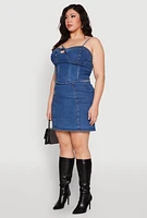 Womens Plus Denim Tie Front Bustier Top, Blue,