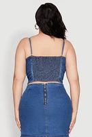 Womens Plus Denim Tie Front Bustier Top, Blue,
