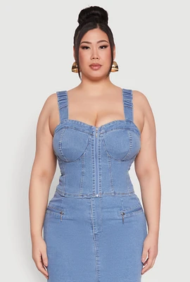 Womens Plus Size Denim Zip Front Bustier Top, Blue, Size 2X