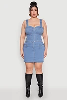 Womens Plus Denim Zip Front Bustier Top, Blue,