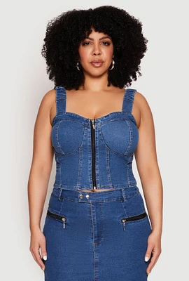 Womens Plus Size Denim Zip Front Bustier Top, Blue, Size 2X