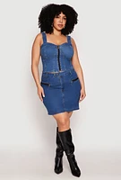 Womens Plus Size Denim Zip Front Bustier Top, Blue, Size 1X