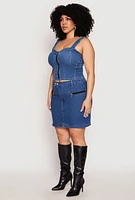 Womens Plus Size Denim Zip Front Bustier Top, Blue, Size 1X