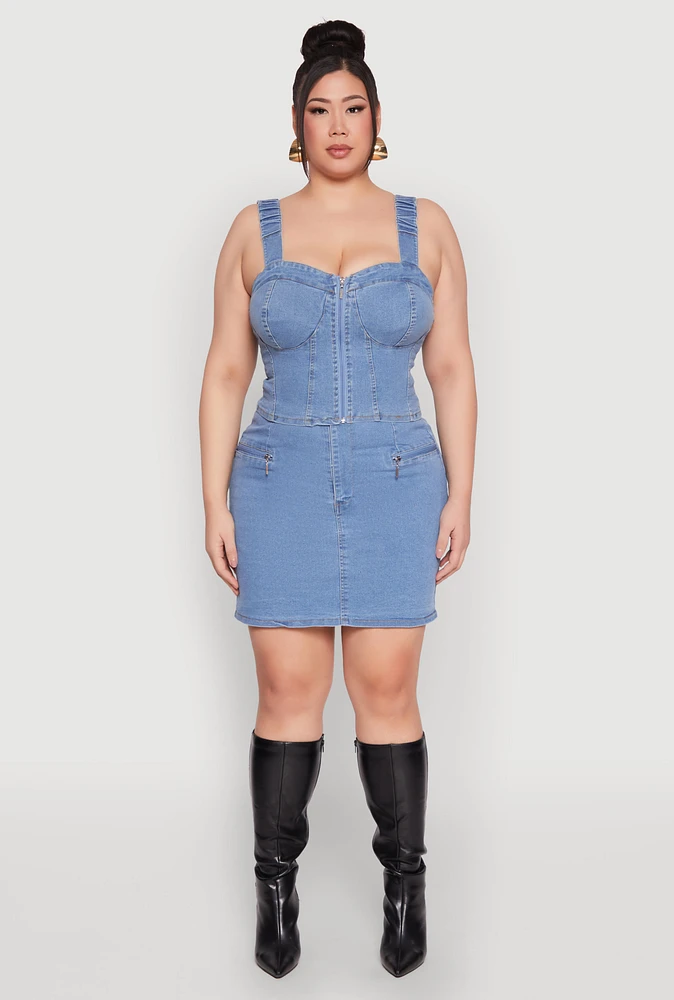 Womens Plus Size Denim Zip Front Mini Skirt, Blue, Size 2X