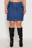 Womens Plus Size Denim Zip Front Mini Skirt, Blue, Size 1X