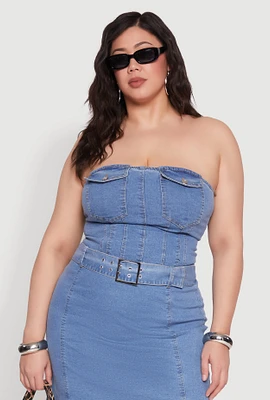 Womens Plus Size Denim Pocket Corset Tube Top, Blue, Size 3X