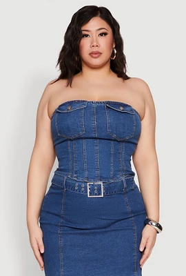 Womens Plus Size Denim Pocket Corset Tube Top, Blue, Size 3X