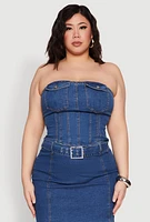 Womens Plus Size Denim Pocket Corset Tube Top, Blue, Size 3X