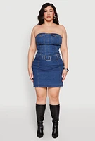 Womens Plus Size Denim Pocket Corset Tube Top, Blue, Size 3X