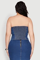 Womens Plus Size Denim Pocket Corset Tube Top, Blue, Size 2X