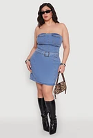 Womens Plus Zip Back Belted Front Denim Mini Skirt, Blue,