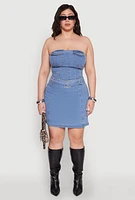 Womens Plus Zip Back Belted Front Denim Mini Skirt, Blue,
