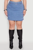 Womens Plus Zip Back Belted Front Denim Mini Skirt, Blue,