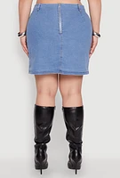 Womens Plus Zip Back Belted Front Denim Mini Skirt, Blue,