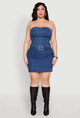 Womens Plus Size Zip Back Belted Front Denim Mini Skirt, Blue, Size 1X