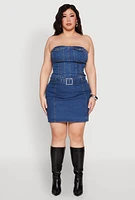 Womens Plus Size Zip Back Belted Front Denim Mini Skirt, Blue, Size 1X