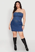 Womens Plus Size Zip Back Belted Front Denim Mini Skirt, Blue, Size 1X