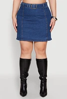Womens Plus Size Zip Back Belted Front Denim Mini Skirt, Blue, Size 1X