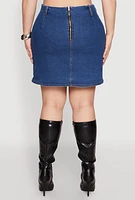 Womens Plus Size Zip Back Belted Front Denim Mini Skirt, Blue, Size 1X