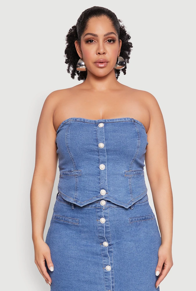 Womens Plus Faux Button Front Denim Tube Top, Blue,