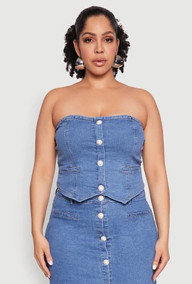 Womens Plus Faux Button Front Denim Tube Top, Blue,
