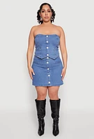 Womens Plus Faux Button Front Denim Tube Top, Blue,