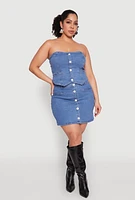 Womens Plus Size Faux Button Front Denim Tube Top, Blue, Size 3X