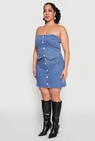 Womens Plus Faux Button Front Denim Tube Top, Blue,