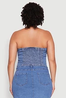 Womens Plus Faux Button Front Denim Tube Top, Blue,