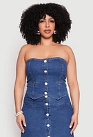 Womens Plus Faux Button Front Denim Tube Top, Blue,
