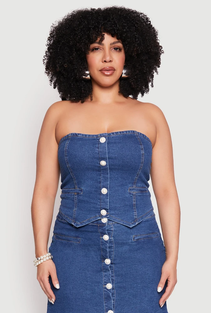 Womens Plus Size Faux Button Front Denim Tube Top, Blue, Size 2X