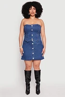 Womens Plus Faux Button Front Denim Tube Top, Blue,