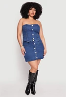 Womens Plus Faux Button Front Denim Tube Top, Blue,