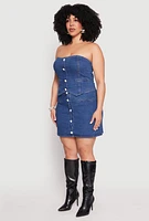 Womens Plus Faux Button Front Denim Tube Top, Blue,