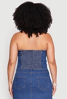 Womens Plus Size Faux Button Front Denim Tube Top, Blue, Size 2X