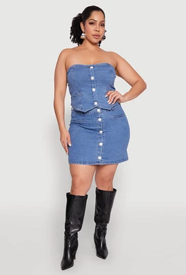 Womens Plus Size Button Front Denim Mini Skirt, Blue, Size 2X