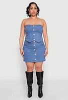 Womens Plus Button Front Denim Mini Skirt, Blue,