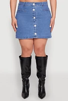 Womens Plus Button Front Denim Mini Skirt, Blue,