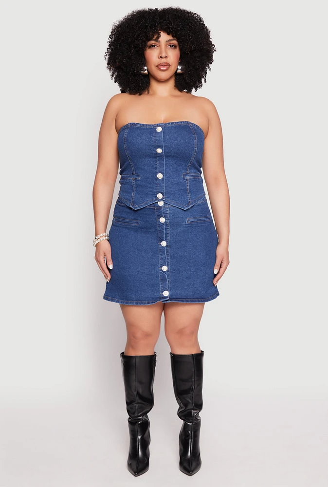 Womens Plus Size Button Front Denim Mini Skirt, Blue, Size 3X