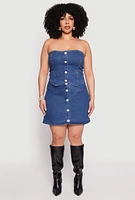 Womens Plus Size Button Front Denim Mini Skirt, Blue, Size 3X