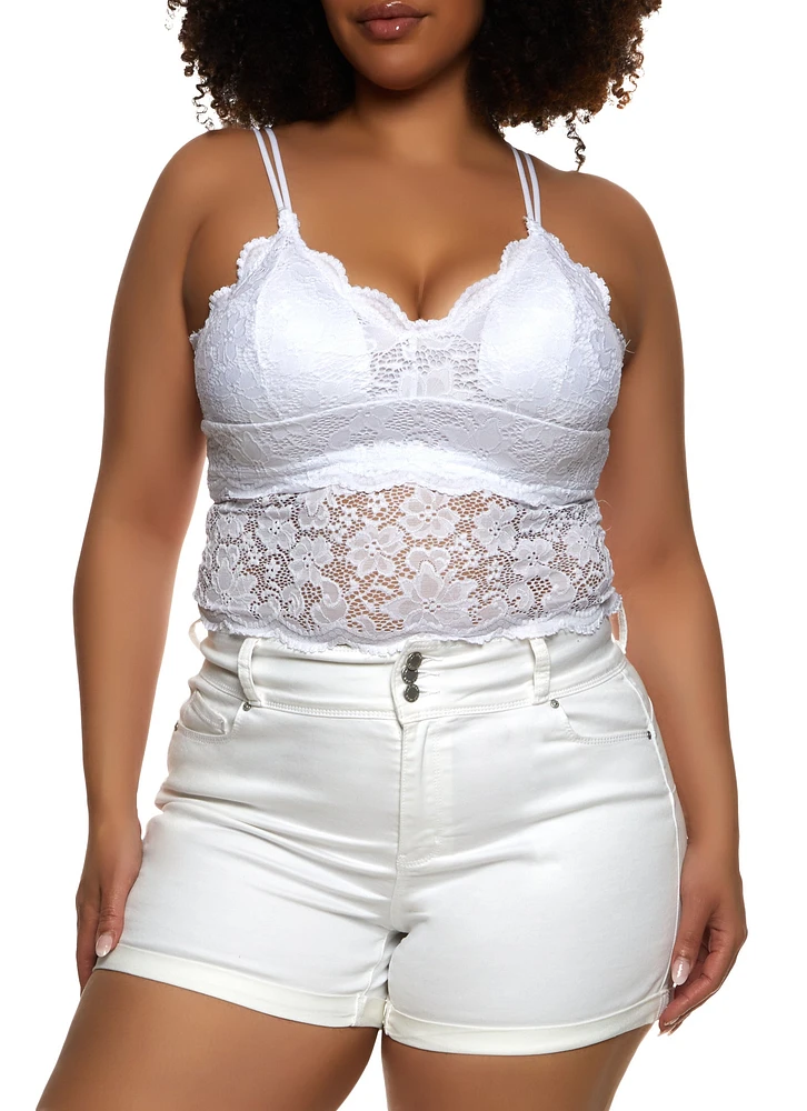 Womens Plus Size Floral Lace Cropped Cami, White, Size 1X